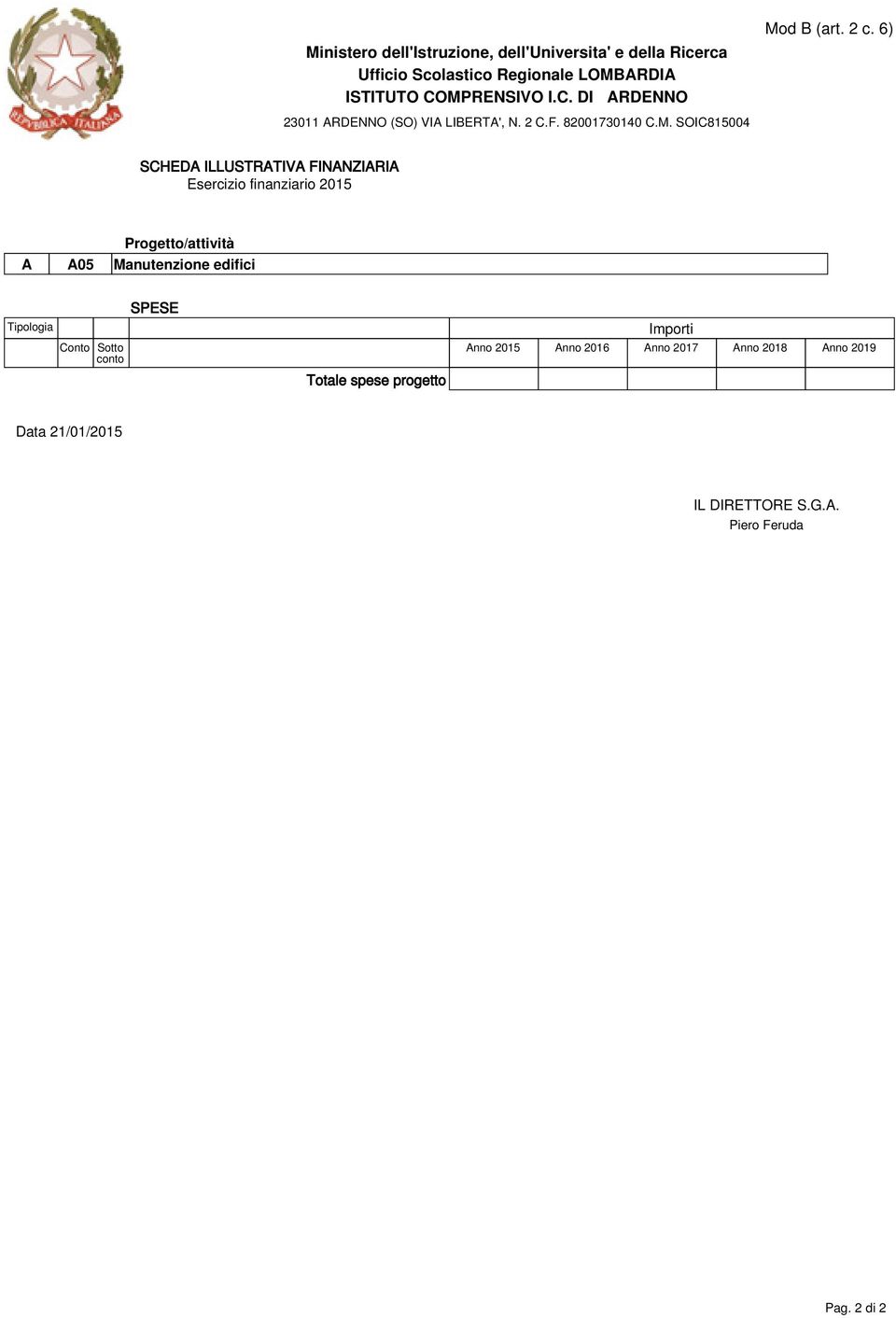 Totale spese progetto Data