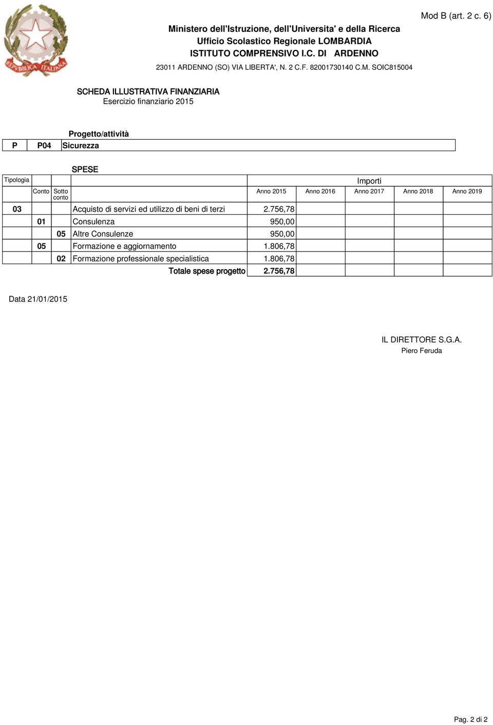 756,78 01 Consulenza 950,00 05 Altre Consulenze 950,00 05 Formazione e aggiornamento