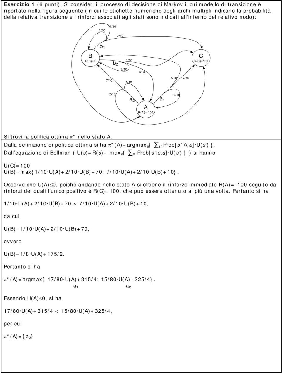 relativa transizione e i rinforzi associati agli stati sono indicati all interno del relativo nodo): Si trovi la politica ottima π* nello stato A.