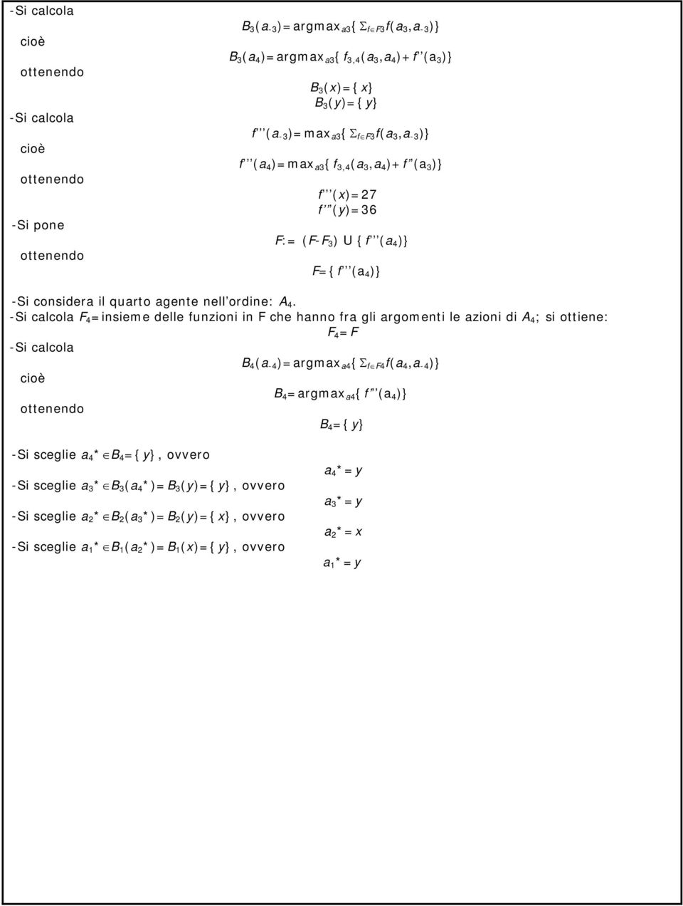 F 4 =insieme delle funzioni in F che hanno fra gli argomenti le azioni di A 4 ; si ottiene: F 4 =F B 4 (a -4 )=argmax a4 {Σ f F4 f(a 4,a -4 )} B 4 =argmax a4 {f (a 4 )} B 4 ={y}