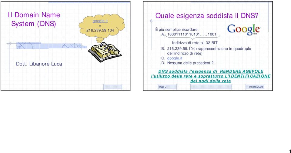 104 (rappresentazione in quadruple dell indirizzo di rete) C. google.it D. Nessuna delle precedenti?