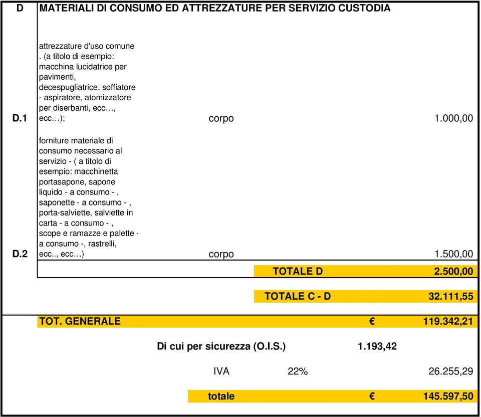 000,00 forniture materiale di consumo necessario al servizio - ( a titolo di esempio: macchinetta portasapone, sapone liquido - a consumo -, saponette - a consumo -,