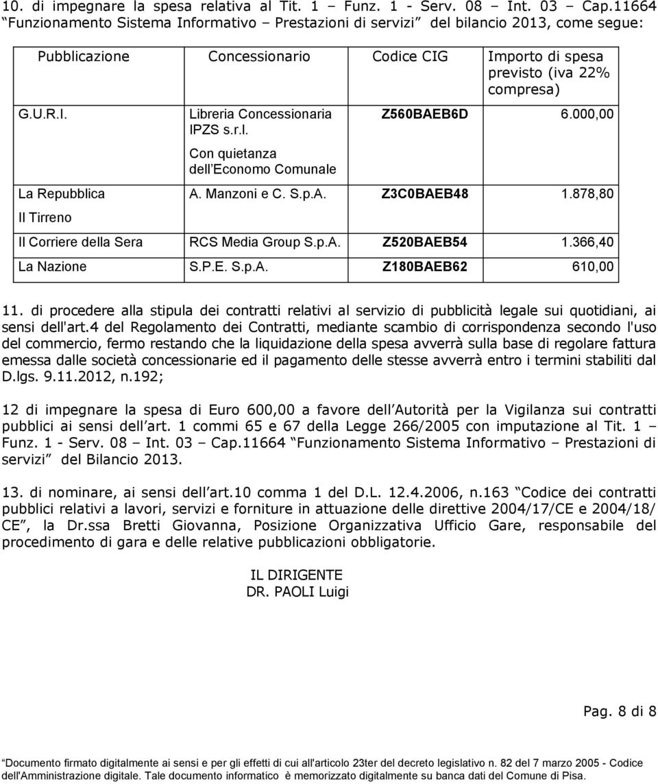 r.l. Con quietanza dell Economo Comunale Z560BAEB6D 6.000,00 A. Manzoni e C. S.p.A. Z3C0BAEB48 1.878,80 Il Corriere della Sera RCS Media Group S.p.A. Z520BAEB54 1.366,40 La Nazione S.P.E. S.p.A. Z180BAEB62 610,00 11.