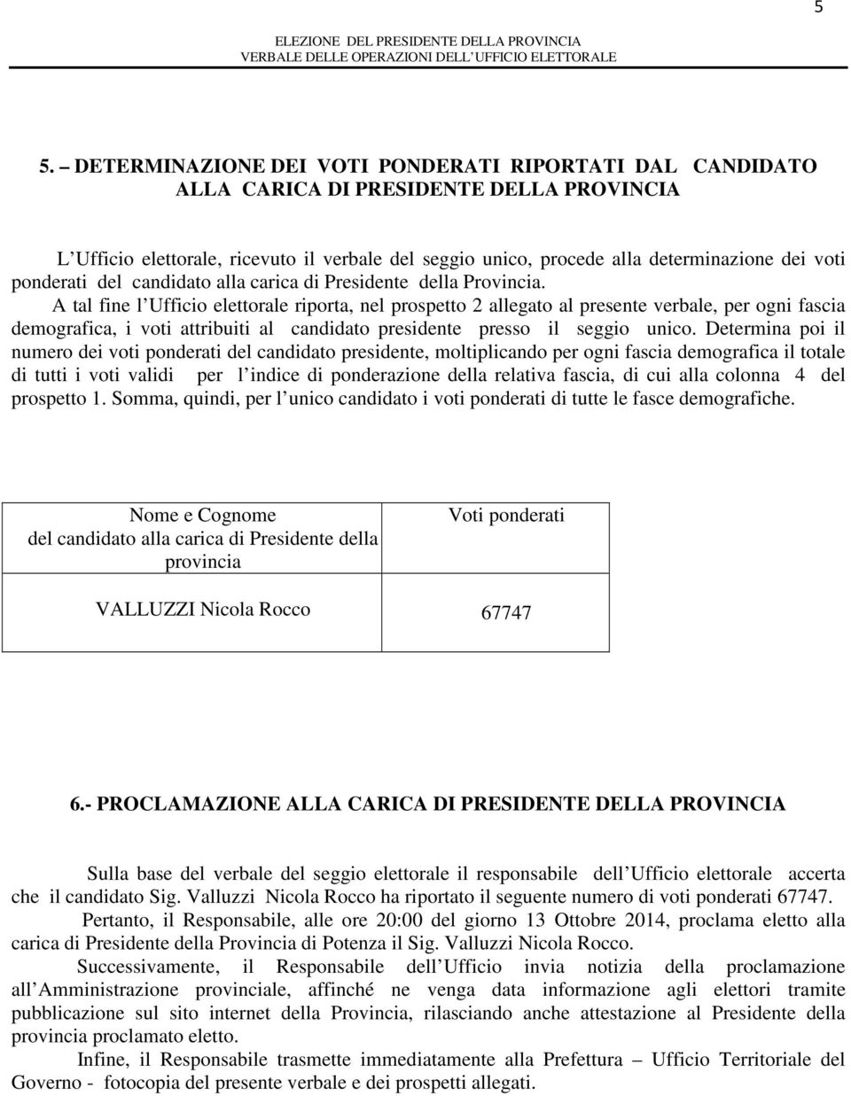 ponderati del candidato alla carica di Presidente della Provincia.