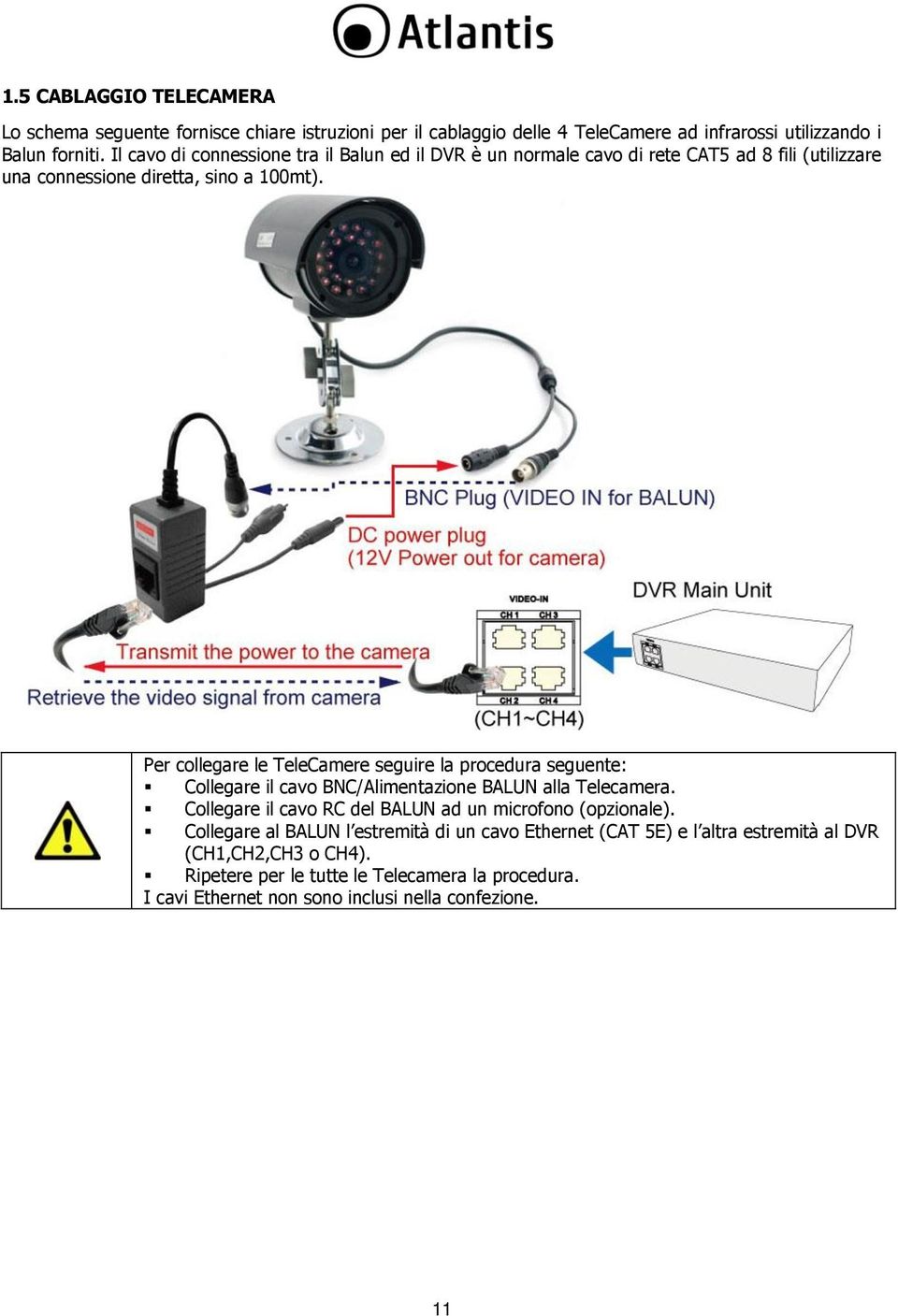 Per collegare le TeleCamere seguire la procedura seguente: Collegare il cavo BNC/Alimentazione BALUN alla Telecamera.