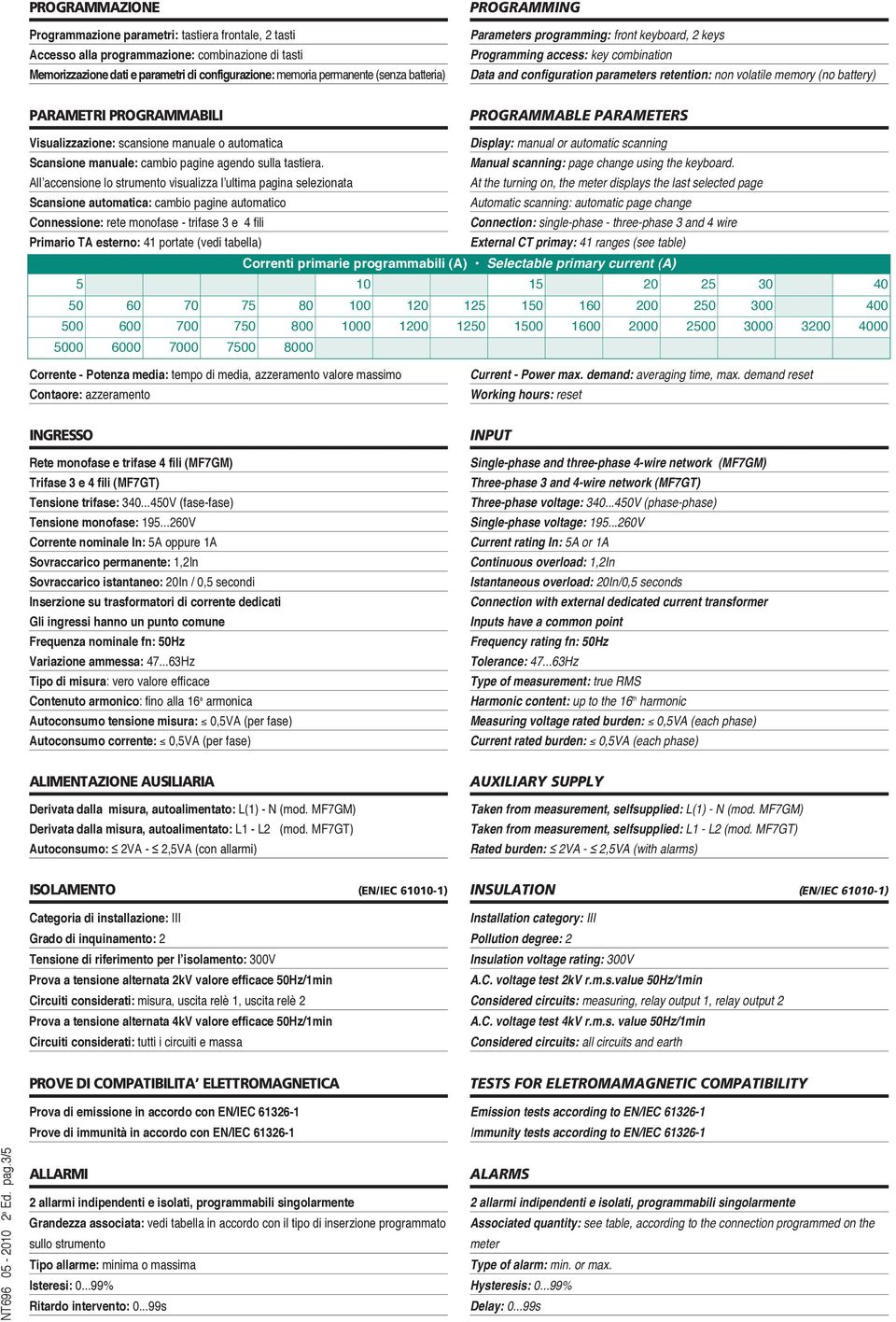 PROGRAMMABILI PROGRAMMABLE PARAMETERS Visualizzazione: scansione manuale o automatica Scansione manuale: cambio pagine agendo sulla tastiera.