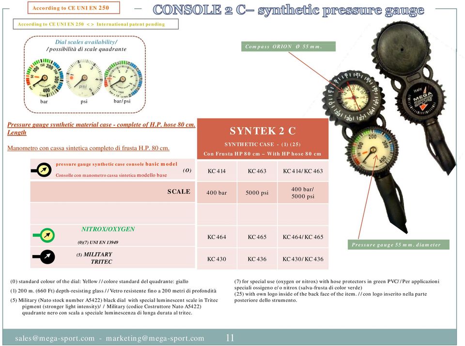 Length SYNTEK 2 C Manometro con cassa sintetica completo di frusta H.P. 80 cm.