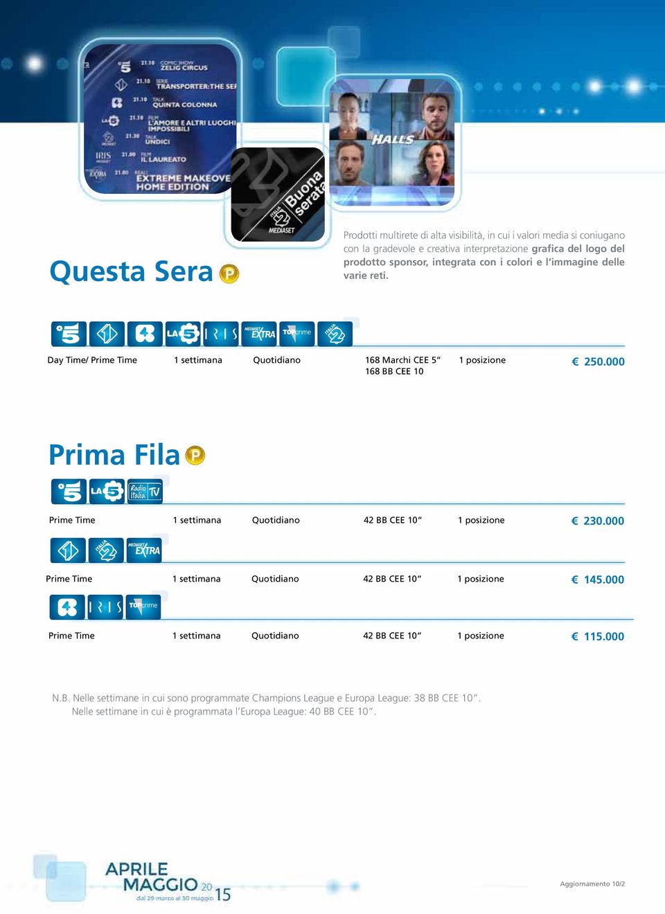 000 Prima Fila Prime Time 1 settimana Quotidiano 42 BB CEE 10 1 posizione 230.000 Prime Time 1 settimana Quotidiano 42 BB CEE 10 1 posizione 145.