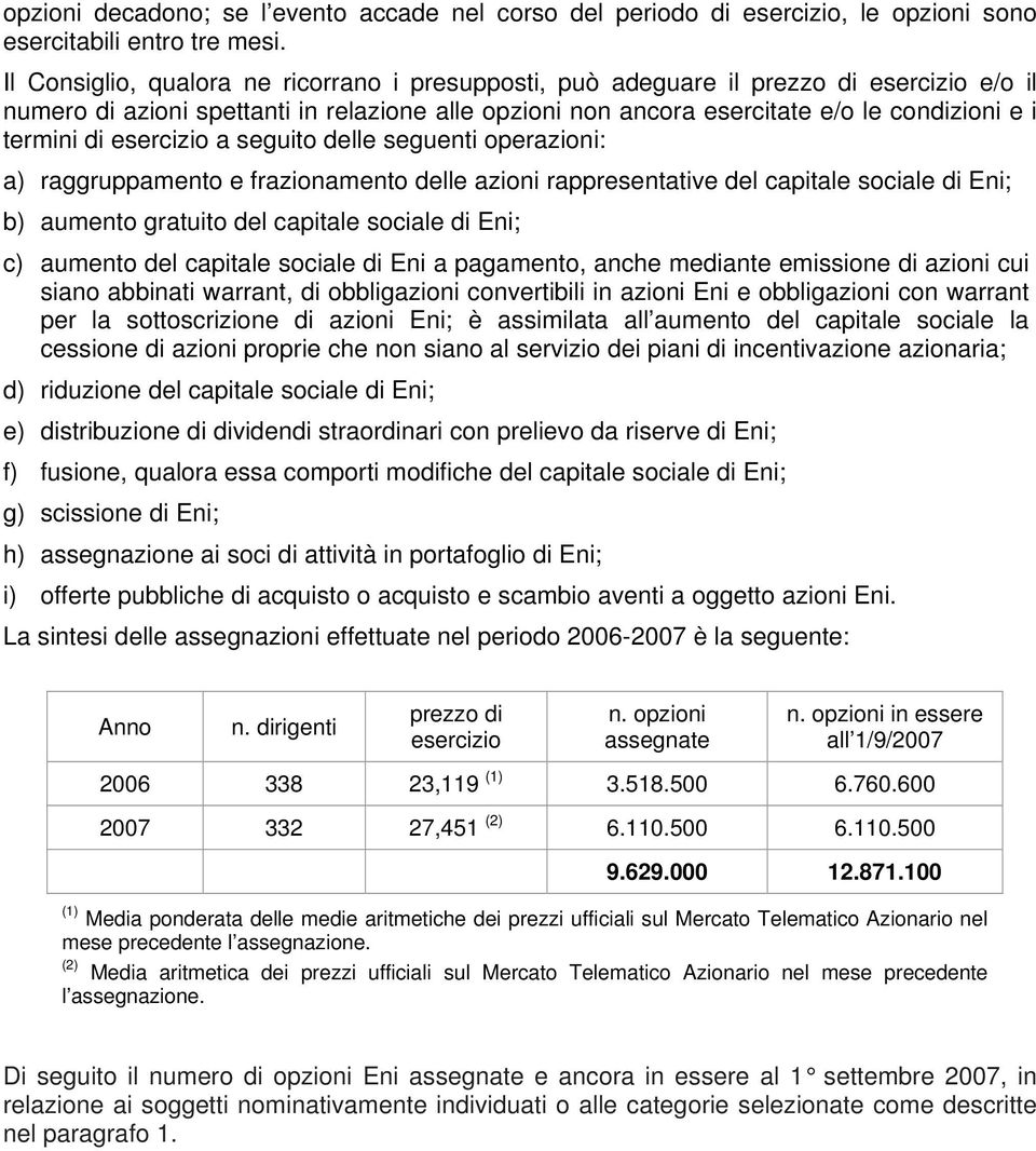 di esercizio a seguito delle seguenti operazioni: a) raggruppamento e frazionamento delle azioni rappresentative del capitale sociale di Eni; b) aumento gratuito del capitale sociale di Eni; c)