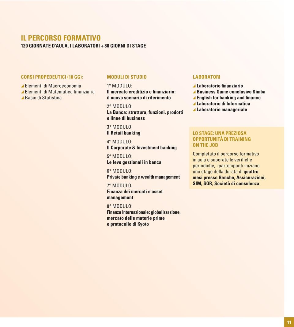 Corporate & Investment banking 5 MODULO: Le leve gestionali in banca 6 MODULO: Private banking e wealth management 7 MODULO: Finanza dei mercati e asset management 8 MODULO: Finanza Internazionale: