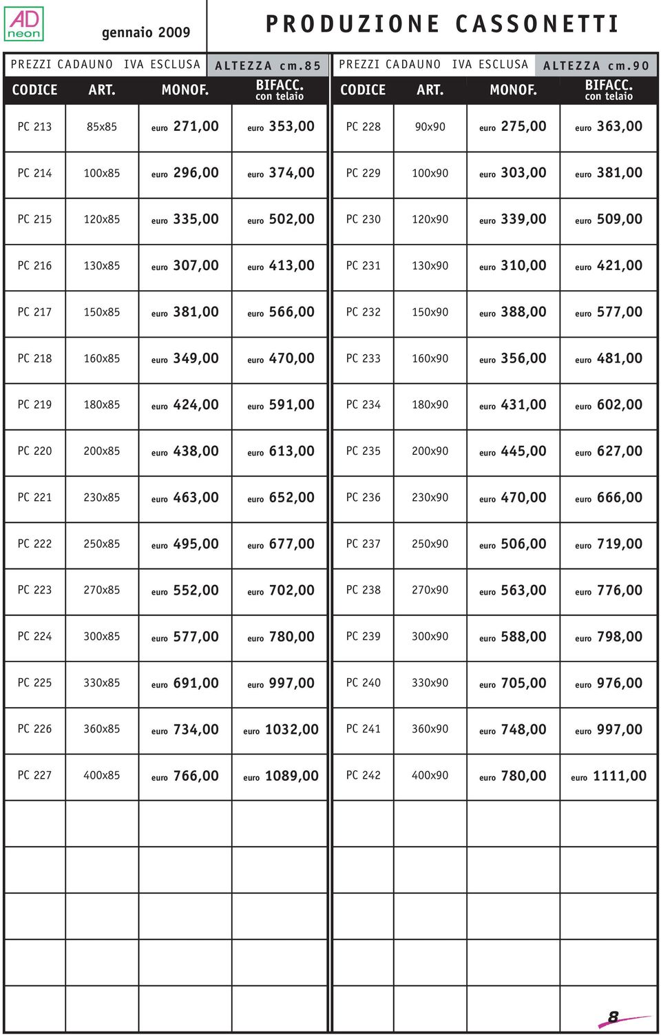 130x85 euro 307,00 euro 413,00 PC 231 130x90 euro 310,00 euro 421,00 PC 217 150x85 euro 381,00 euro 566,00 PC 232 150x90 euro 388,00 euro 577,00 PC 218 160x85 euro 349,00 euro 470,00 PC 233 160x90