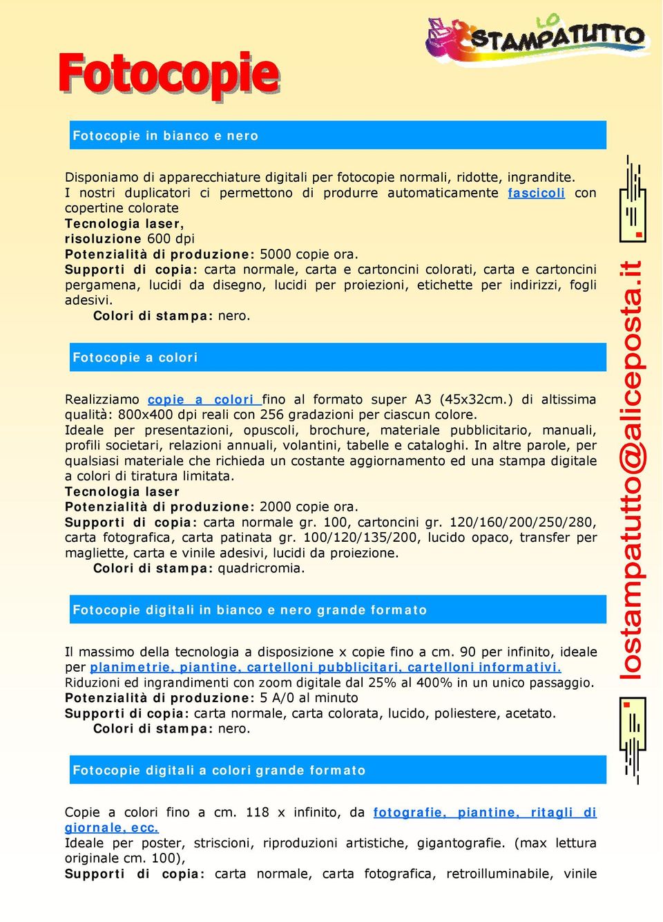 Supporti di copia: carta normale, carta e cartoncini colorati, carta e cartoncini pergamena, lucidi da disegno, lucidi per proiezioni, etichette per indirizzi, fogli adesivi. Colori di stampa: nero.