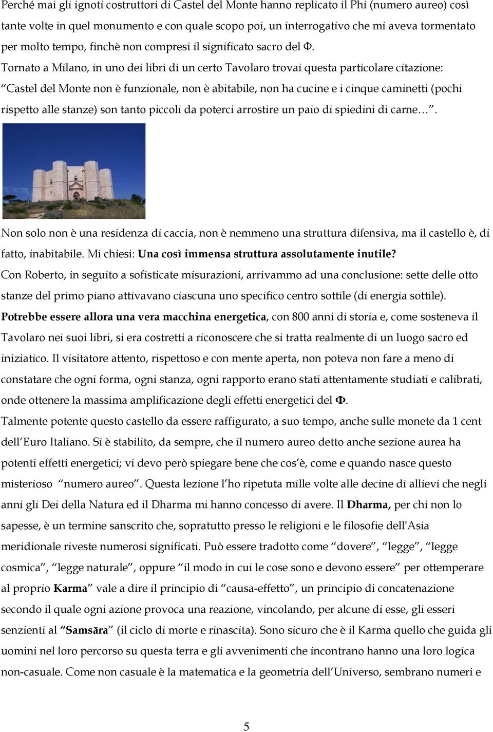 Tornato a Milano, in uno dei libri di un certo Tavolaro trovai questa particolare citazione: Castel del Monte non è funzionale, non è abitabile, non ha cucine e i cinque caminetti (pochi rispetto