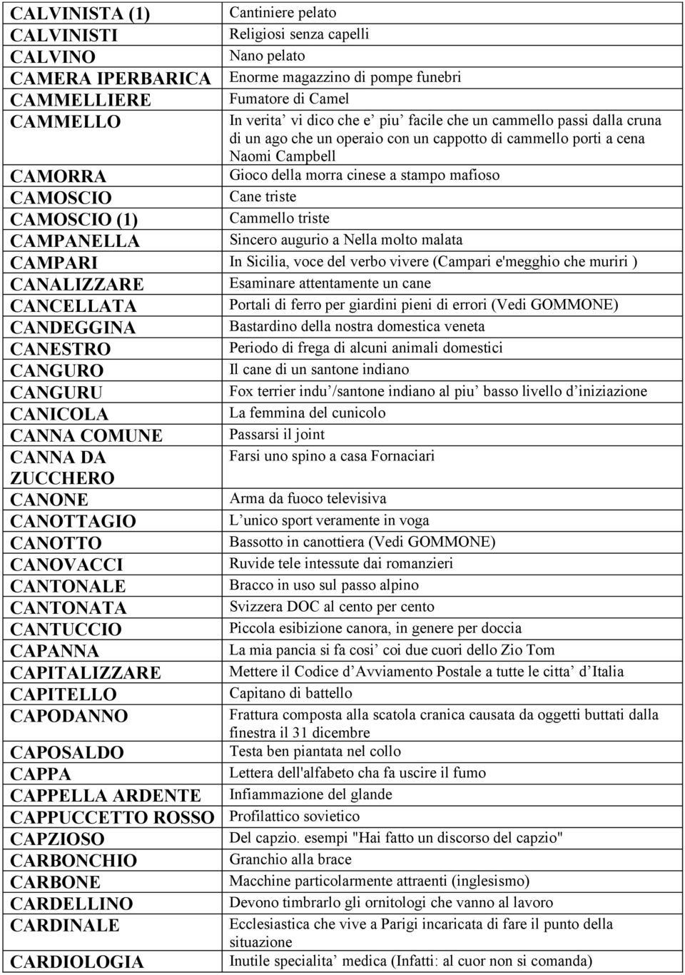 triste CAMOSCIO (1) Cammello triste CAMPANELLA Sincero augurio a Nella molto malata CAMPARI In Sicilia, voce del verbo vivere (Campari e'megghio che muriri ) CANALIZZARE Esaminare attentamente un