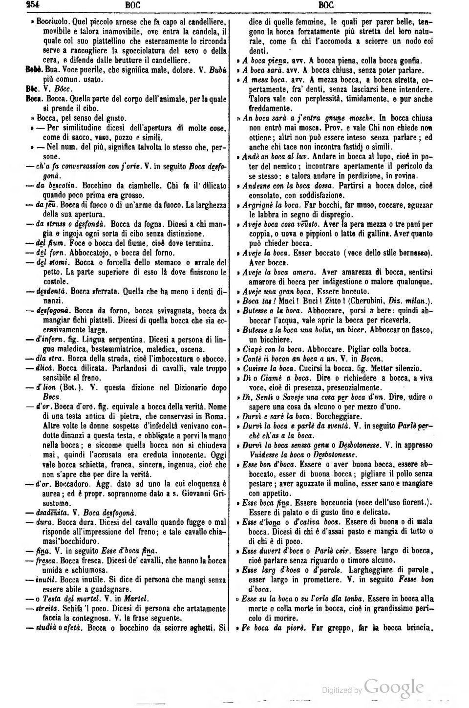 sevo o della cera, e difende dalle brutture il candeliiere. Bebé. Bua. Voce puerile, che significa male, dolore. V. Bubù più comun. usato. Bèi. V. Bócc. Boa. Bocca.