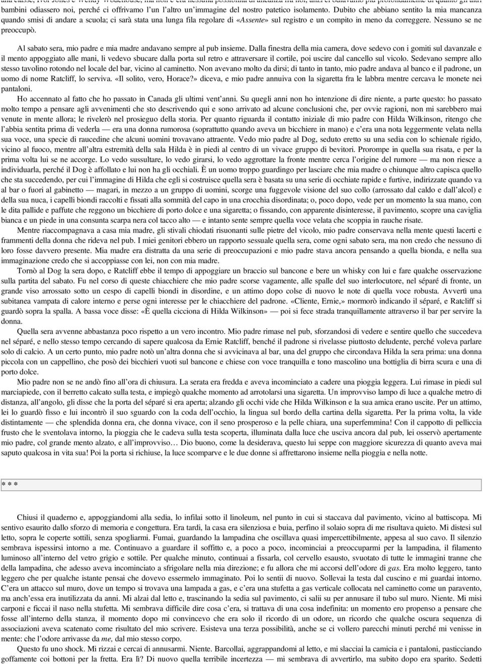 Dubito che abbiano sentito la mia mancanza quando smisi di andare a scuola; ci sarà stata una lunga fila regolare di «Assente» sul registro e un compito in meno da correggere. Nessuno se ne preoccupò.