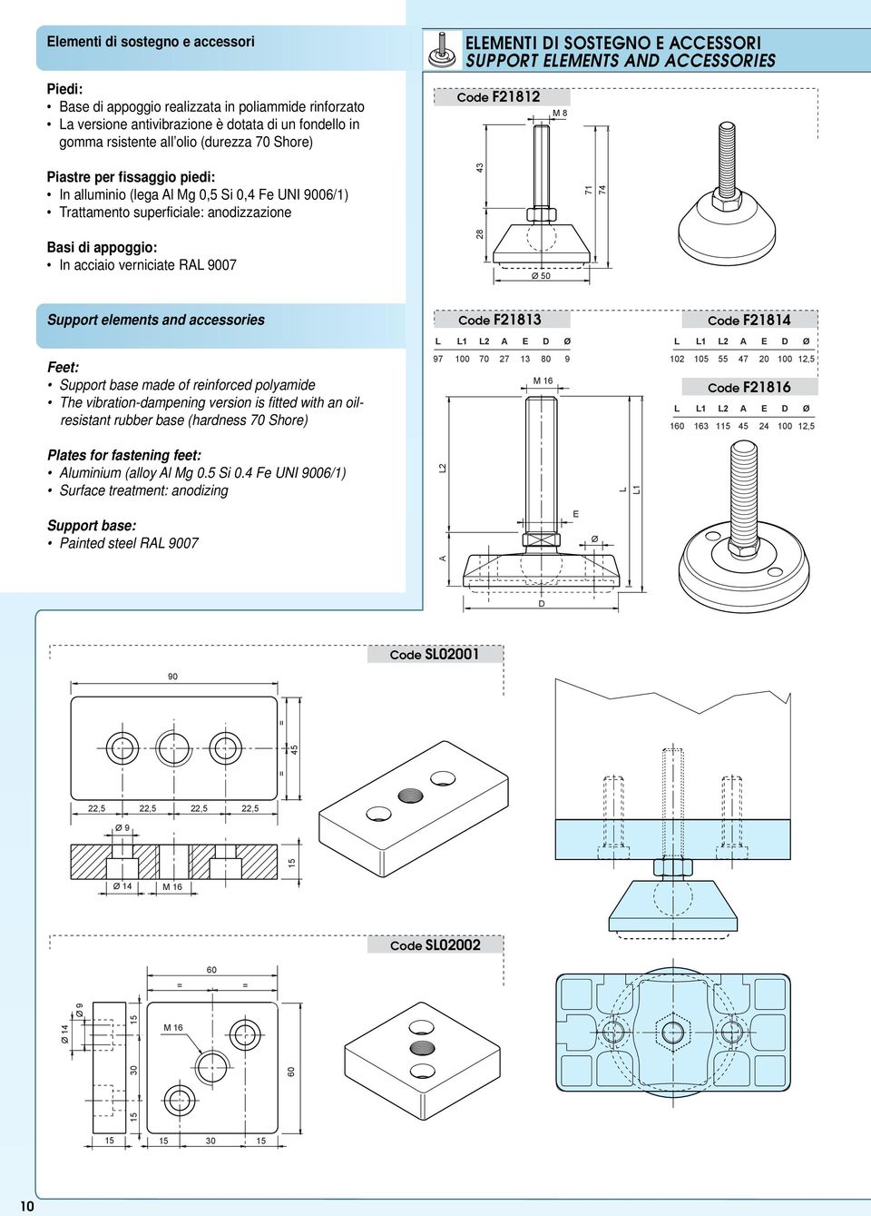 appoggio: In acciaio verniciate RAL 00 2 43 Ø 50 1 4 Support elements and accessories Feet: Support base made of reinforced polyamide The vibration-dampening version is fitted with an oilresistant