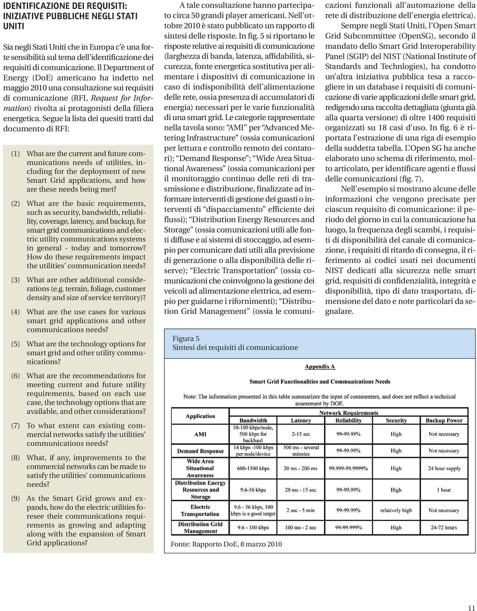 Segue la lista dei quesiti tratti dal documento di RFI: (1) What are the current and future communications needs of utilities, including for the deployment of new Smart Grid applications, and how are