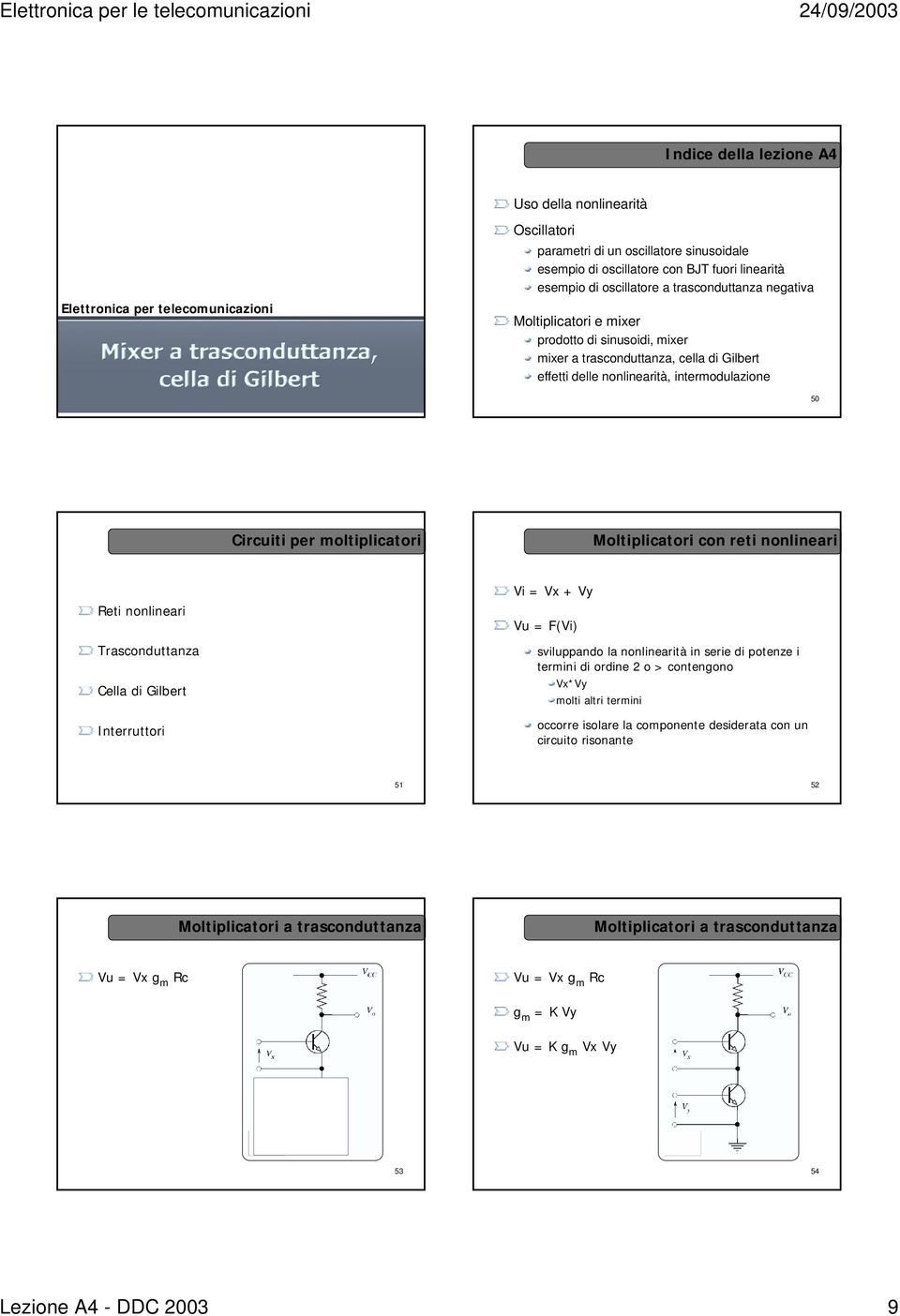 Trasconduttanza Cella di Gilbert Interruttori Vi = Vx + Vy Vu = F(Vi) sviluppando la nonlinearità in serie di potenze i termini di ordine 2 o > contengono Vx*Vy molti altri termini occorre isolare la