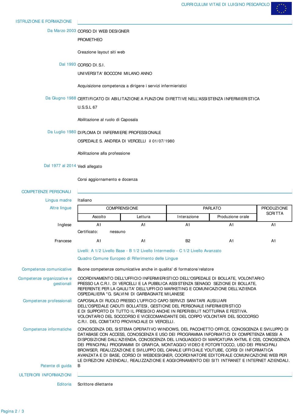 ANDREA DI VERCELLI il 01/07/1980 Abilitazione alla professione Dal 1977 al 2014 Vedi allegato Corsi aggiornamento e docenza COMPETENZE PERSONALI Lingua madre Altre lingue Inglese Francese Italiano