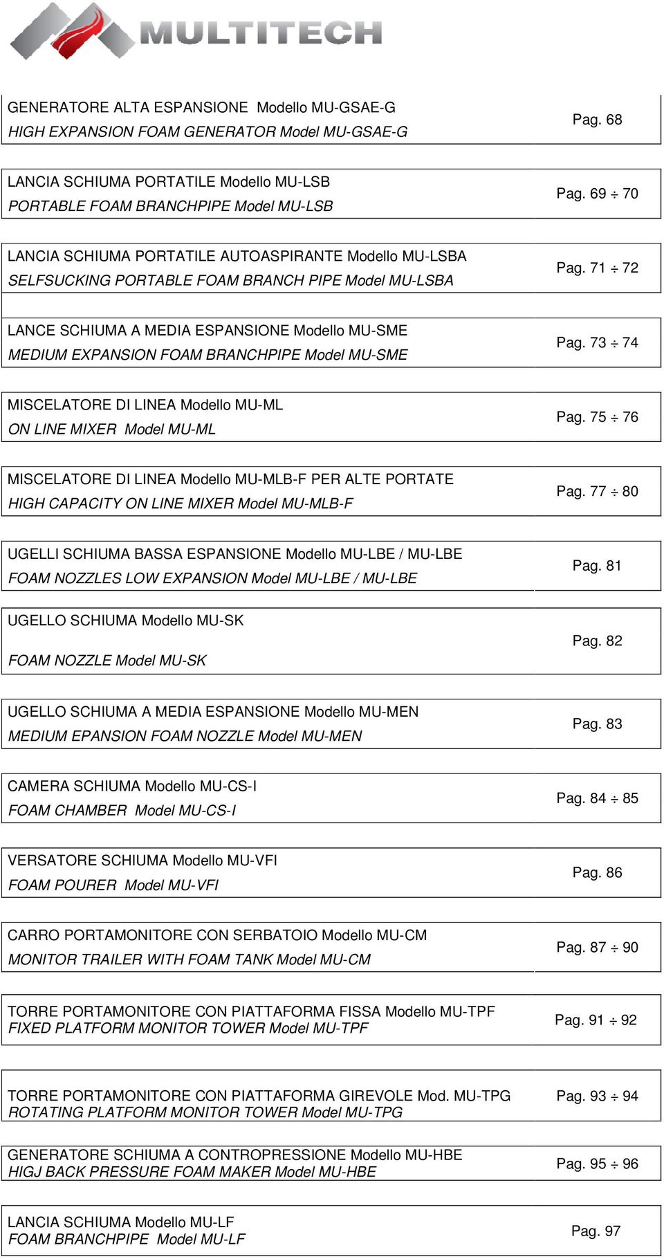 71 72 LANCE SCHIUMA A MEDIA ESPANSIONE Modello MU-SME MEDIUM EXPANSION FOAM BRANCHPIPE Model MU-SME Pag. 73 74 MISCELATORE DI LINEA Modello MU-ML ON LINE MIXER Model MU-ML Pag.