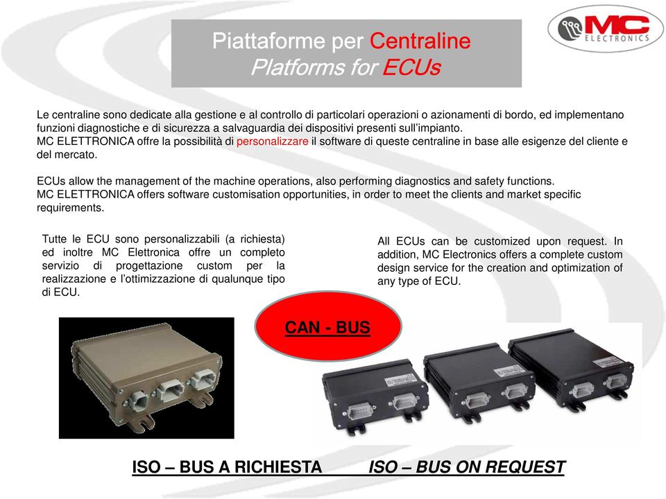 ECUs allow the management of the machine operations, also performing diagnostics and safety functions.