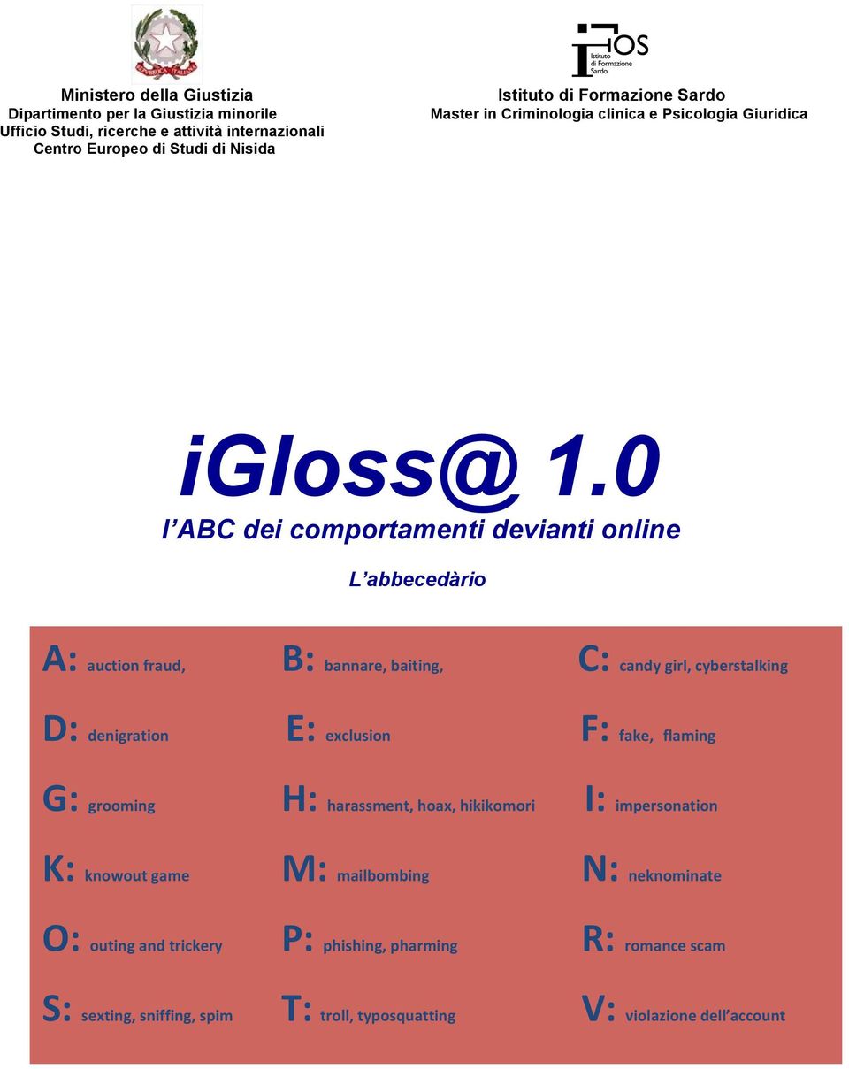 0 l ABC dei comportamenti devianti online L abbecedàrio A: auction fraud, B: bannare, baiting, C: candy girl, cyberstalking D: denigration E: exclusion F: fake,