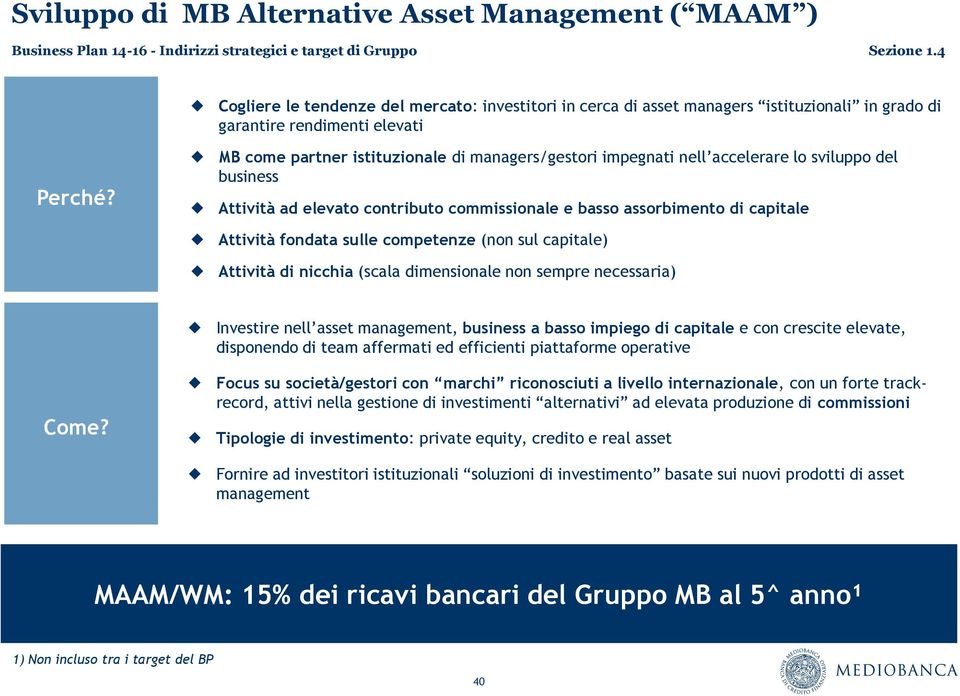 accelerare lo sviluppo del business Attività ad elevato contributo commissionale e basso assorbimento di capitale Attività fondata sulle competenze (non sul capitale) Attività di nicchia (scala