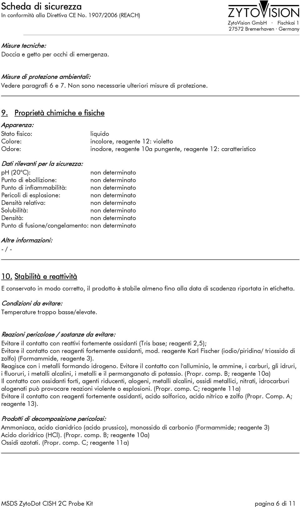 sicurezza: ph (20 C): non determinato Punto di ebollizione: non determinato Punto di infiammabilità: non determinato Pericoli di esplosione: non determinato Densità relativa: non determinato