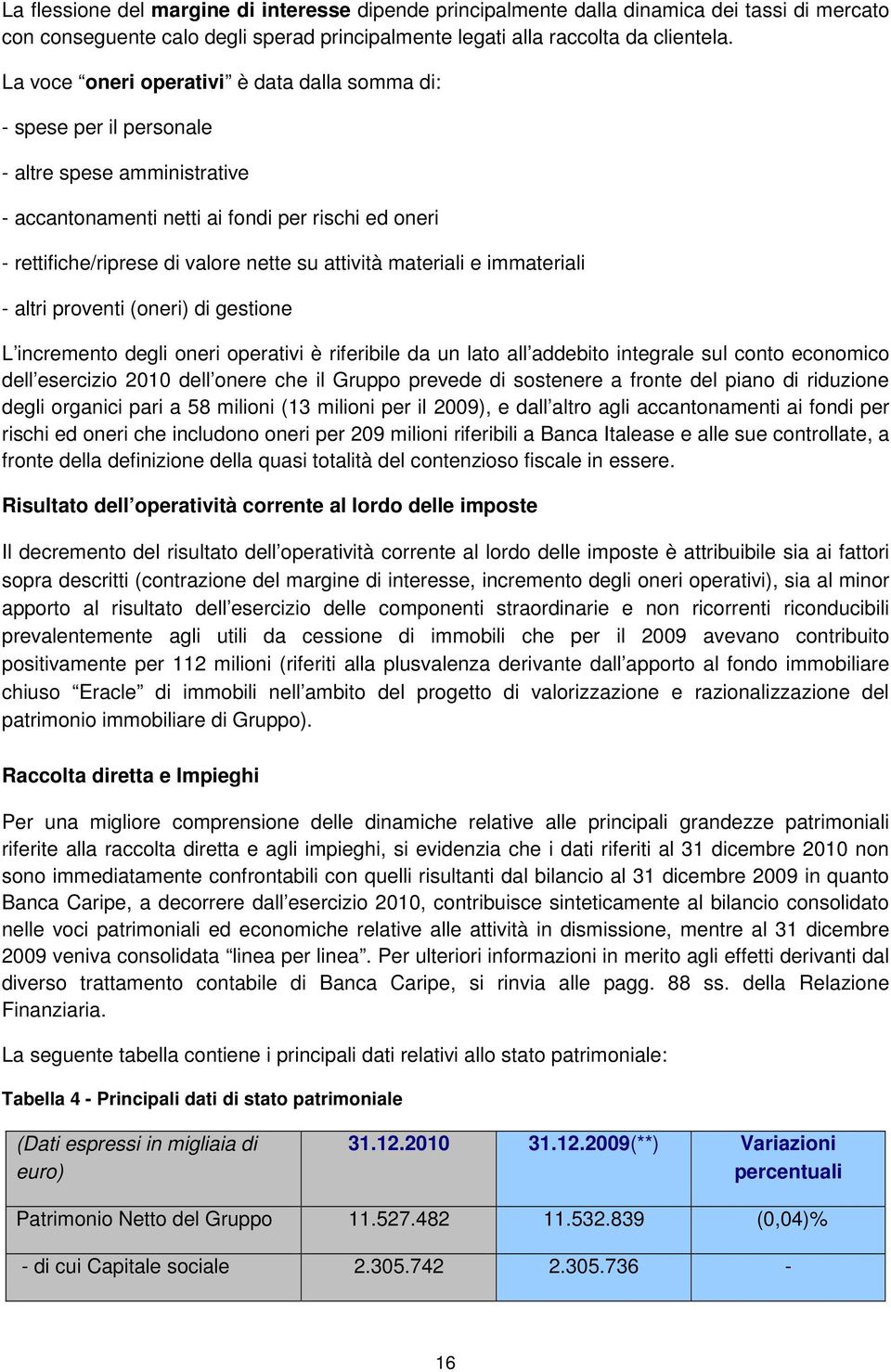 attività materiali e immateriali - altri proventi (oneri) di gestione L incremento degli oneri operativi è riferibile da un lato all addebito integrale sul conto economico dell esercizio 2010 dell