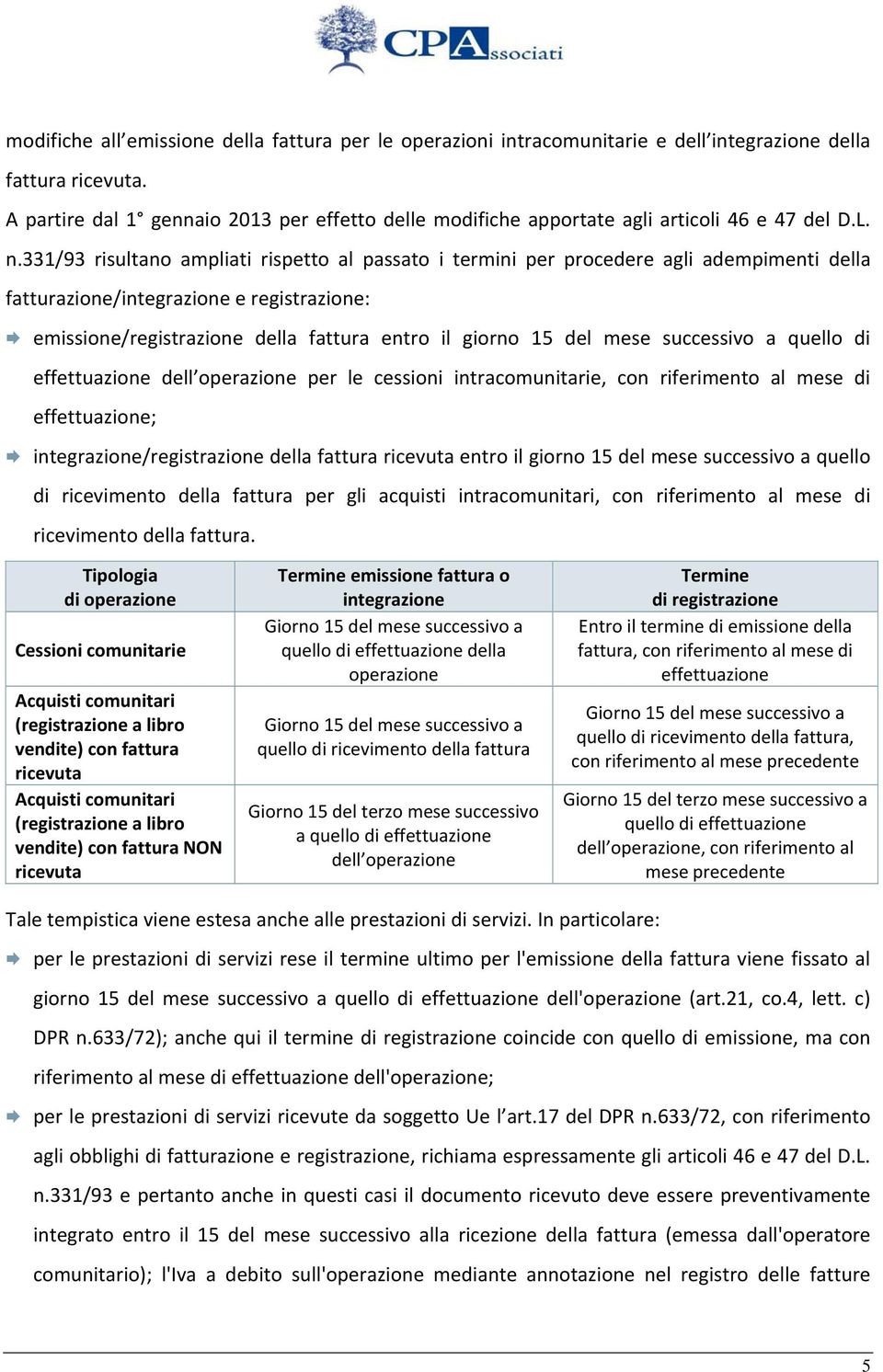 331/93 risultano ampliati rispetto al passato i termini per procedere agli adempimenti della fatturazione/integrazione e registrazione: emissione/registrazione della fattura entro il giorno 15 del