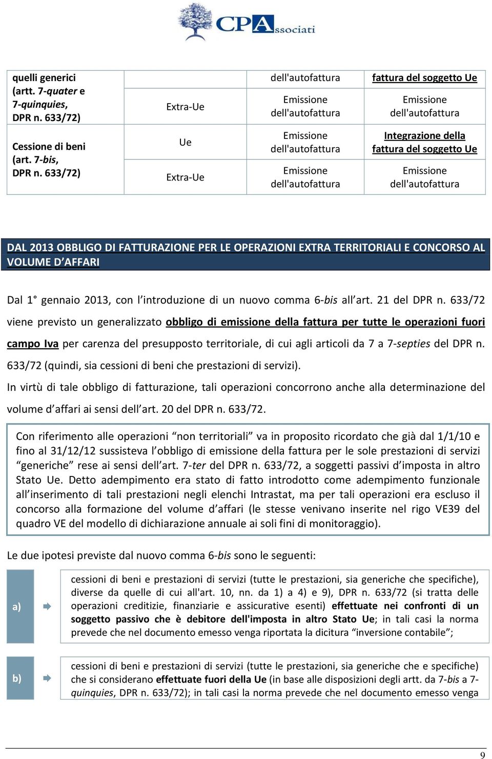 633/72) Ue Extra Ue Emissione dell'autofattura Emissione dell'autofattura Integrazione della fattura del soggetto Ue Emissione dell'autofattura DAL 2013 OBBLIGO DI FATTURAZIONE PER LE OPERAZIONI