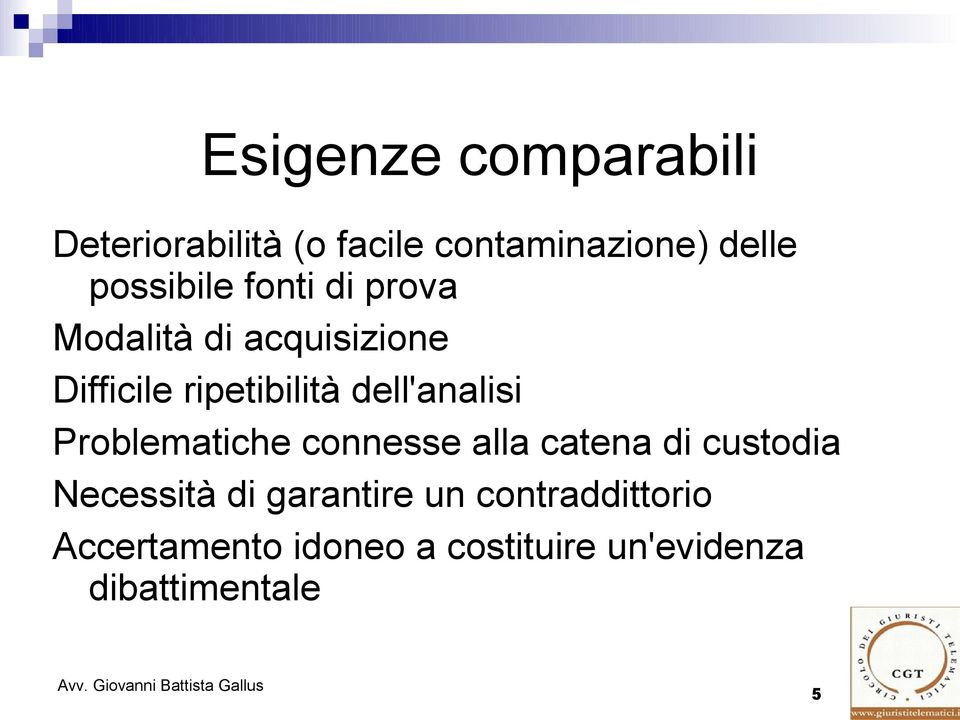 dell'analisi Problematiche connesse alla catena di custodia Necessità di