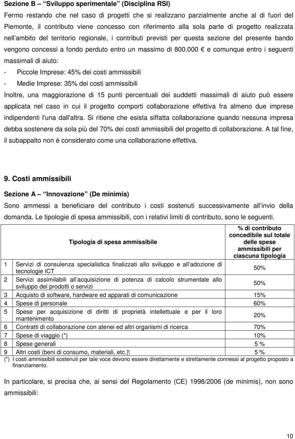 000 e comunque entro i seguenti massimali di aiuto: - Piccole Imprese: 45% dei costi ammissibili - Medie Imprese: 35% dei costi ammissibili Inoltre, una maggiorazione di 15 punti percentuali dei