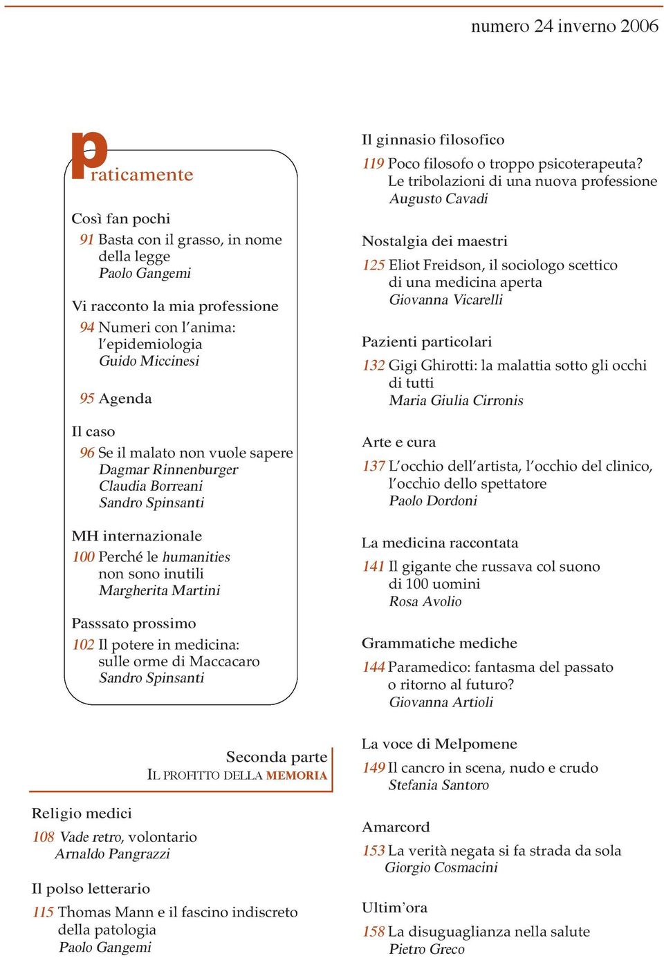 prossimo 102 Il potere in medicina: sulle orme di Maccacaro Sandro Spinsanti Religio medici 108 Vade retro, volontario Arnaldo Pangrazzi Il polso letterario Seconda parte IL PROFITTO DELLA MEMORIA