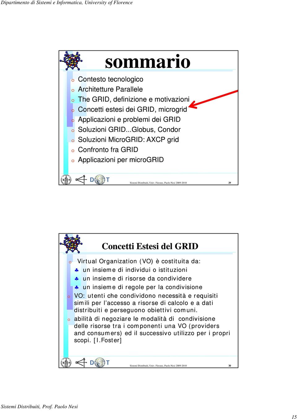 Firenze, Paolo Nesi 2009-2010 29 Concetti Estesi del GRID Virtual Organization (VO) è costituita da: un insieme di individui o istituzioni un insieme di risorse da condividere un insieme di regole