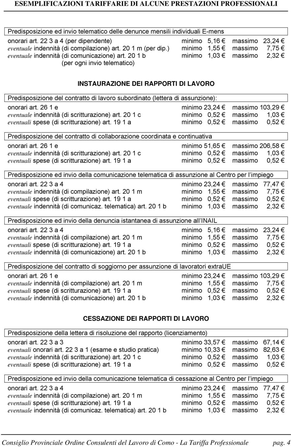 20 1 b eventuale indennità (per ogni invio telematico) minimo 1,03 massimo 2,32 INSTAURAZIONE DEI RAPPORTI DI LAVORO Predisposizione del contratto di lavoro subordinato (lettera di assunzione):