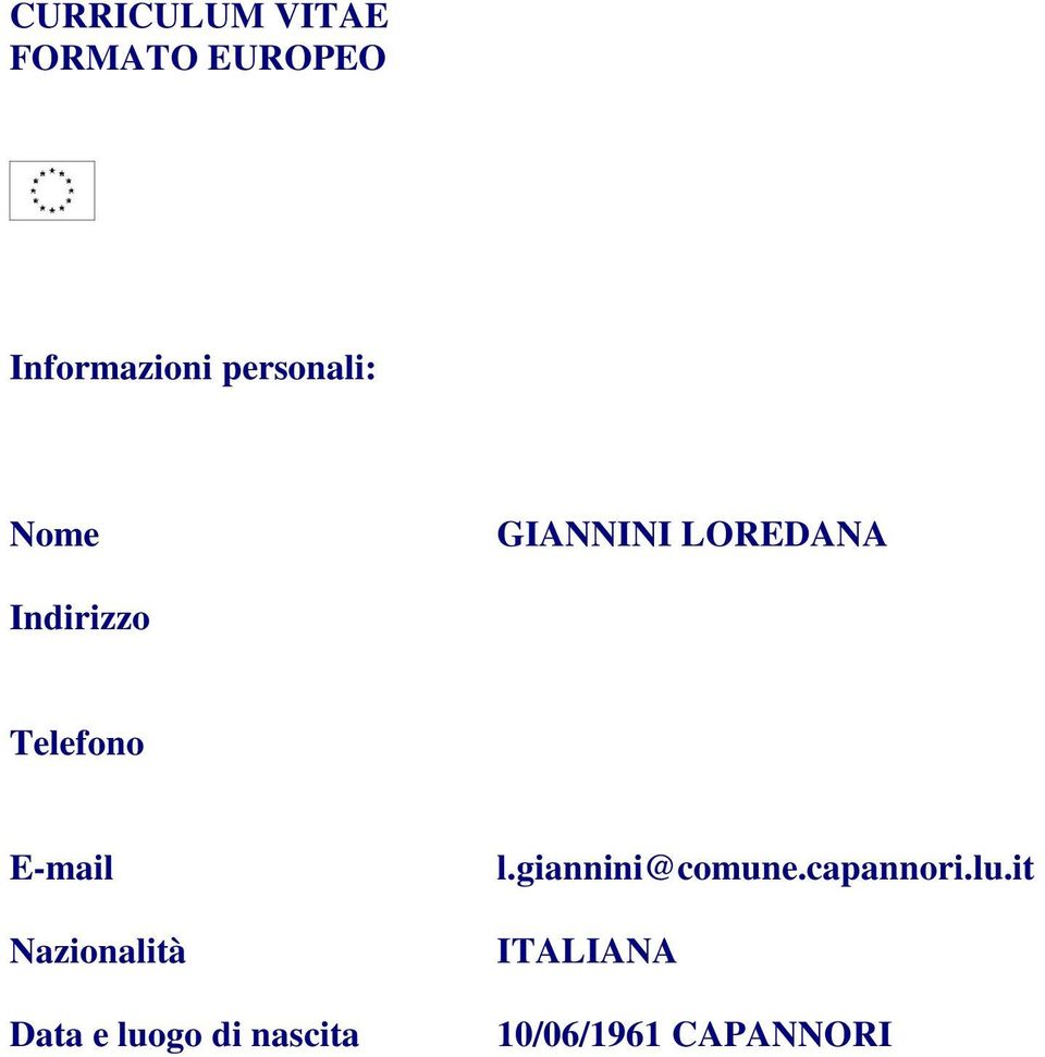 Telefono E-mail Nazionalità Data e luogo di nascita