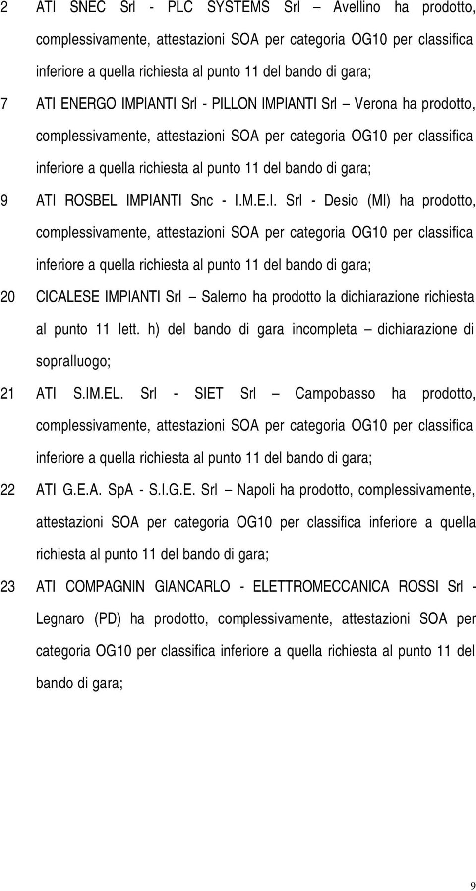 IMPIANTI Snc - I.M.E.I. Srl - Desio (MI) ha prodotto, complessivamente, attestazioni SOA per categoria OG10 per classifica inferiore a quella richiesta al punto 11 del bando di gara; 20 CICALESE