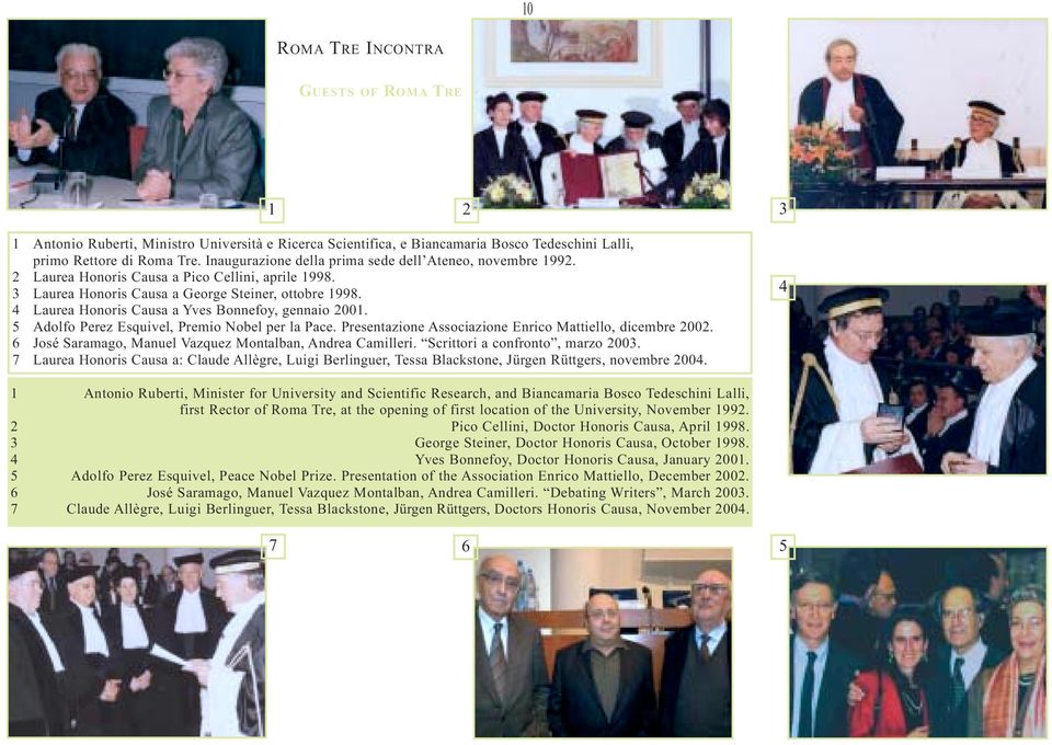 4 Laurea Honoris Causa a Yves Bonnefoy, gennaio 2001. 5 Adolfo Perez Esquivel, Premio Nobel per la Pace. Presentazione Associazione Enrico Mattiello, dicembre 2002.