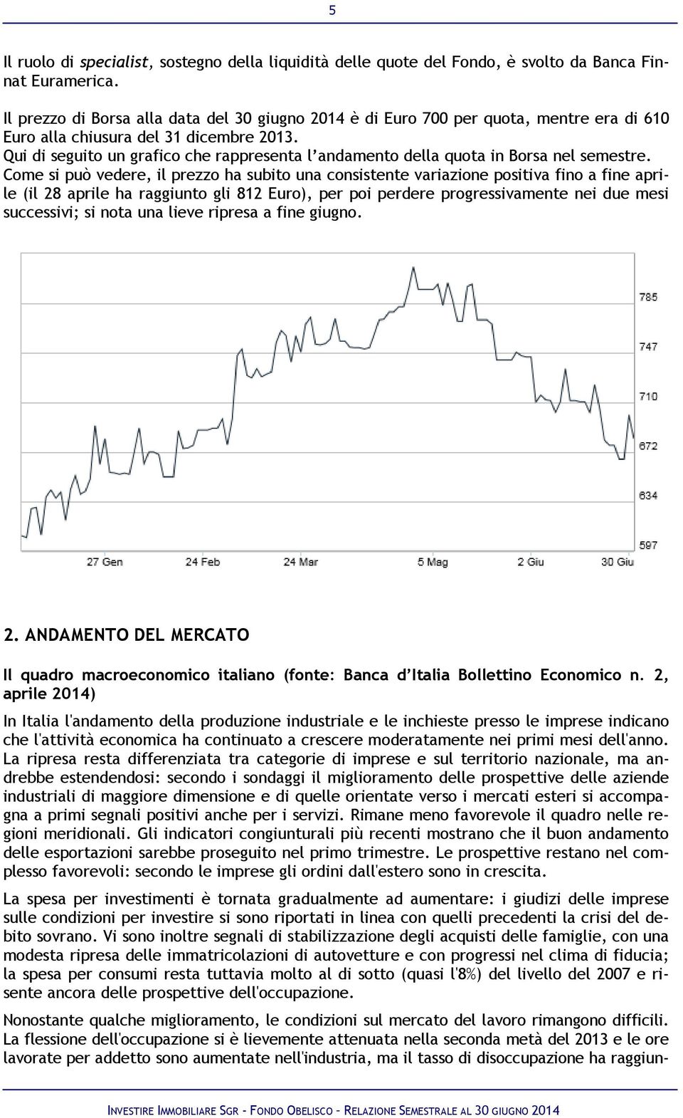 Qui di seguito un grafico che rappresenta l andamento della quota in Borsa nel semestre.