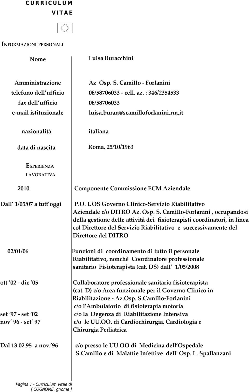 it nazionalità italiana data di nascita Roma, 25/10/1963 ESPERIENZA LAVORATIVA 2010 Componente Commissione ECM Aziendale Dall 1/05/07 a tutt oggi P.O. UOS Governo Clinico-Servizio Riabilitativo Aziendale c/o DITRO Az.