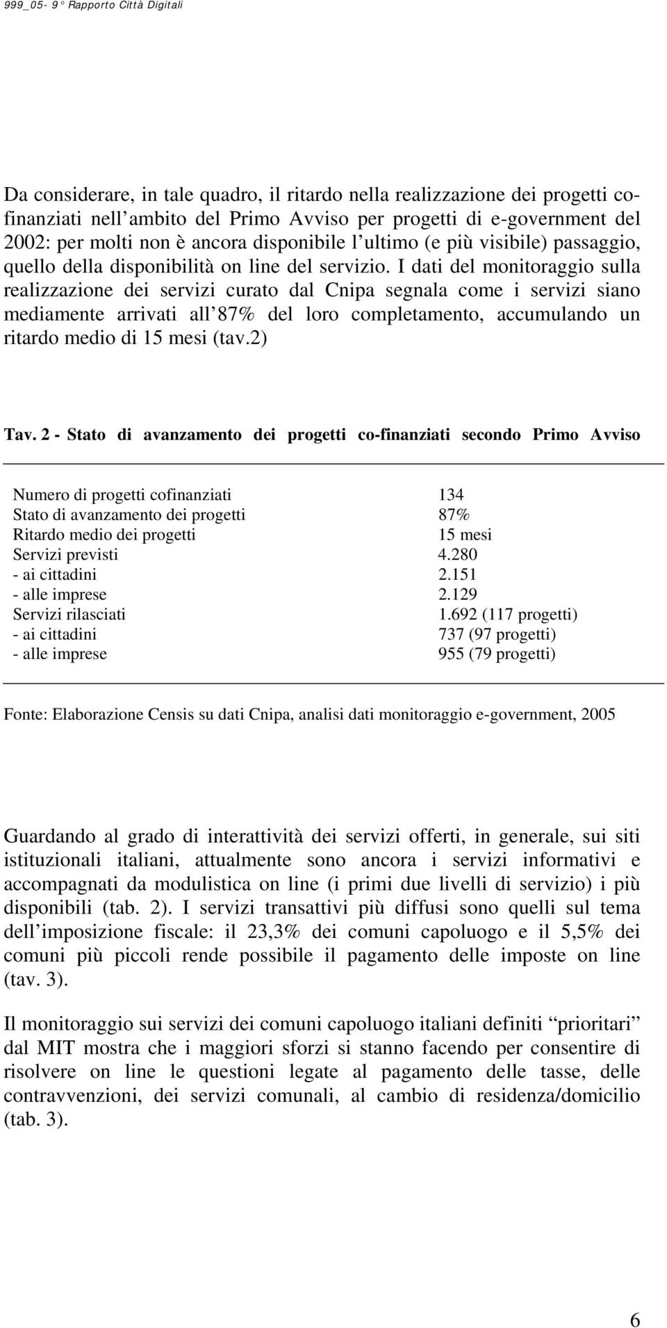 I dati del monitoraggio sulla realizzazione dei servizi curato dal Cnipa segnala come i servizi siano mediamente arrivati all 87% del loro completamento, accumulando un ritardo medio di 15 mesi (tav.