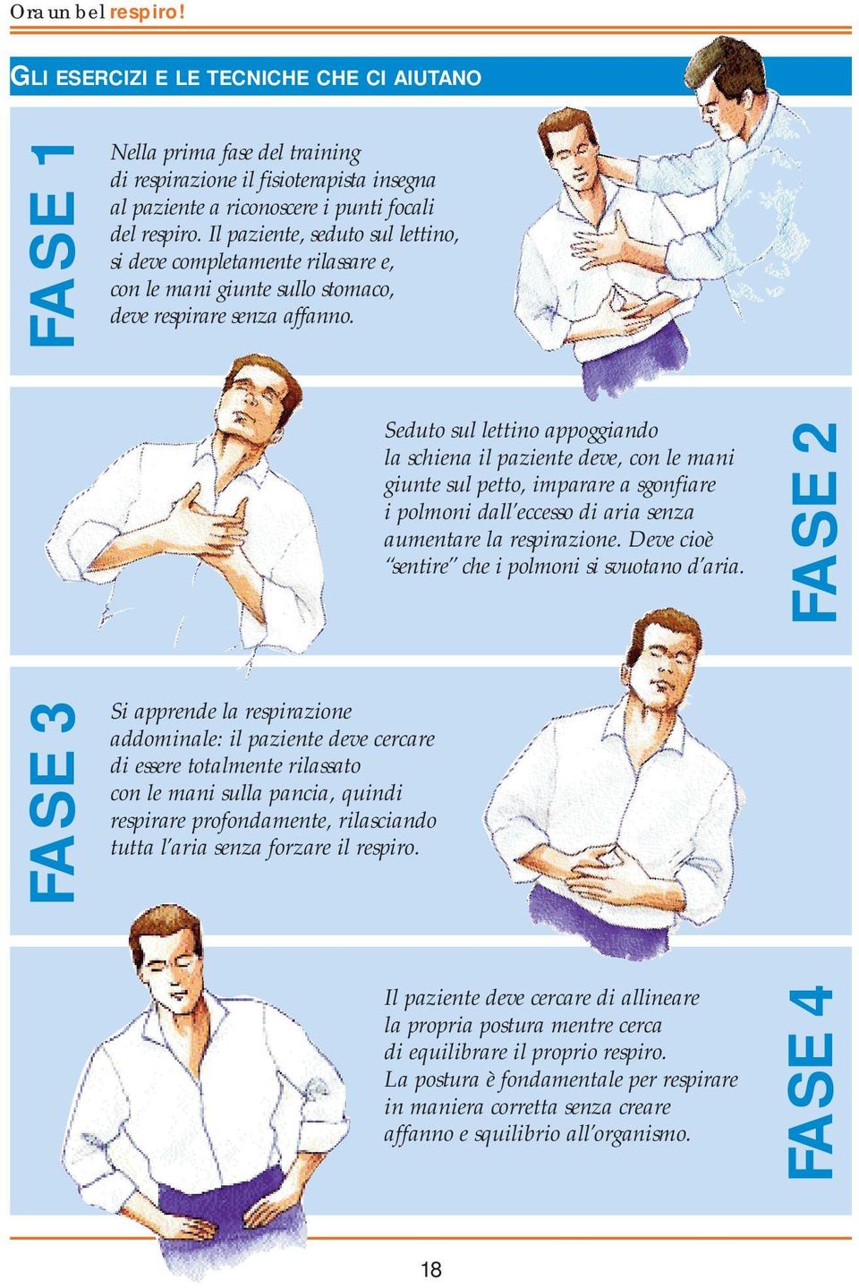 Seduto sul lettino appoggiando la schiena il paziente deve, con le mani giunte sul petto, imparare a sgonfiare i polmoni dall eccesso di aria senza aumentare la respirazione.