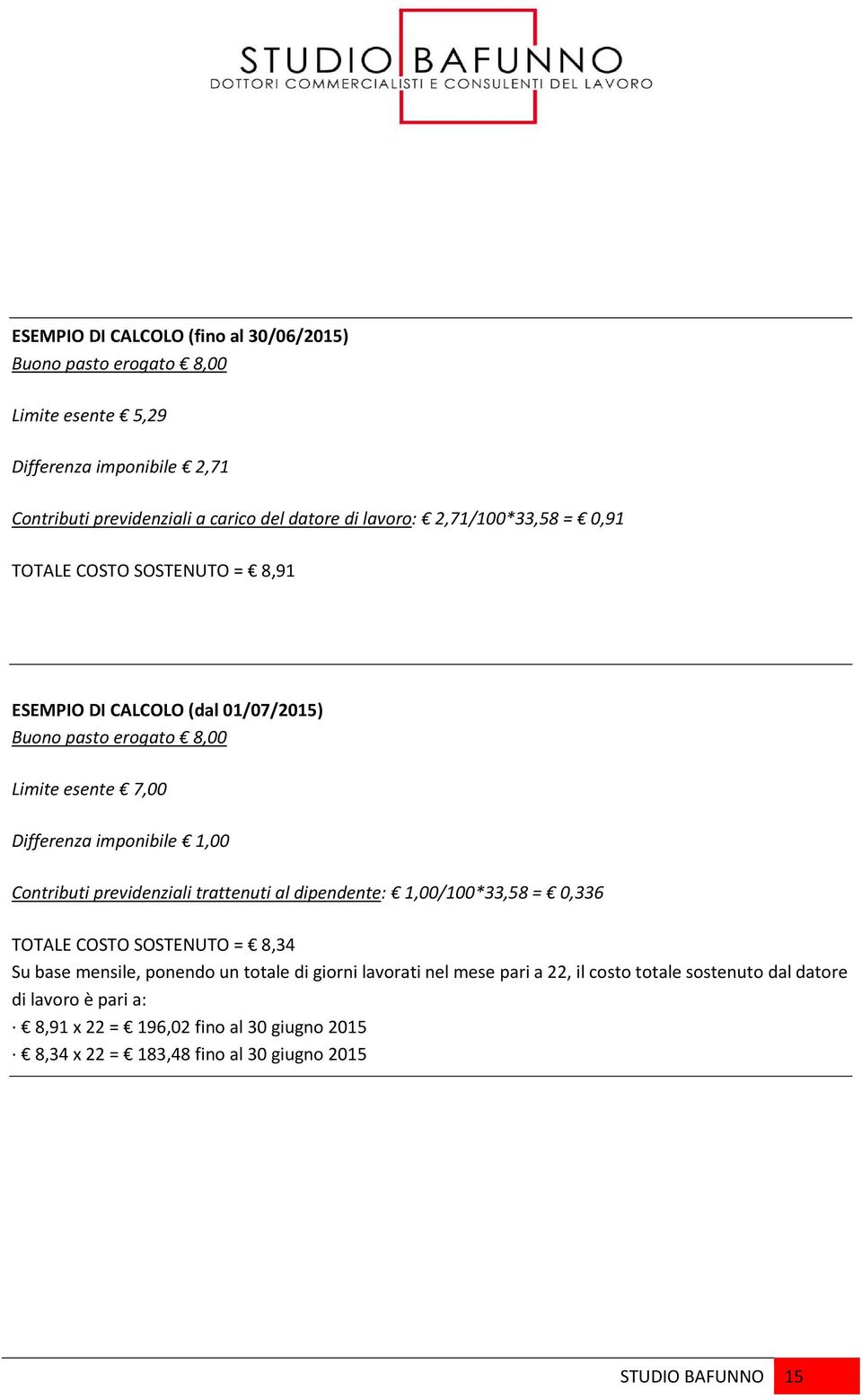 1,00 Contributi previdenziali trattenuti al dipendente: 1,00/100*33,58 = 0,336 TOTALE COSTO SOSTENUTO = 8,34 Su base mensile, ponendo un totale di giorni lavorati