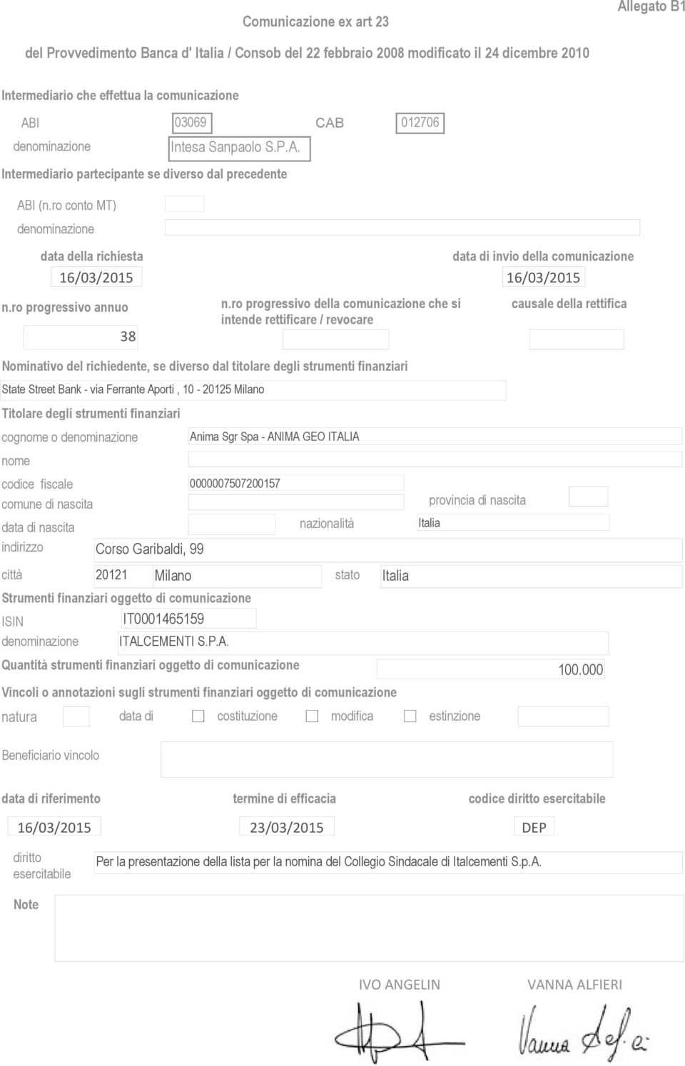 ro conto MT) denominazione data della richiesta data di invio della comunicazione 16/03/2015 16/03/2015 n.ro progressivo annuo 38 n.