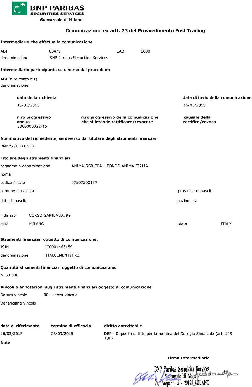 (n.ro conto MT) denominazione data della richiesta data di invio della comunicazione 16/03/2015 16/03/2015 n.ro progressivo n.