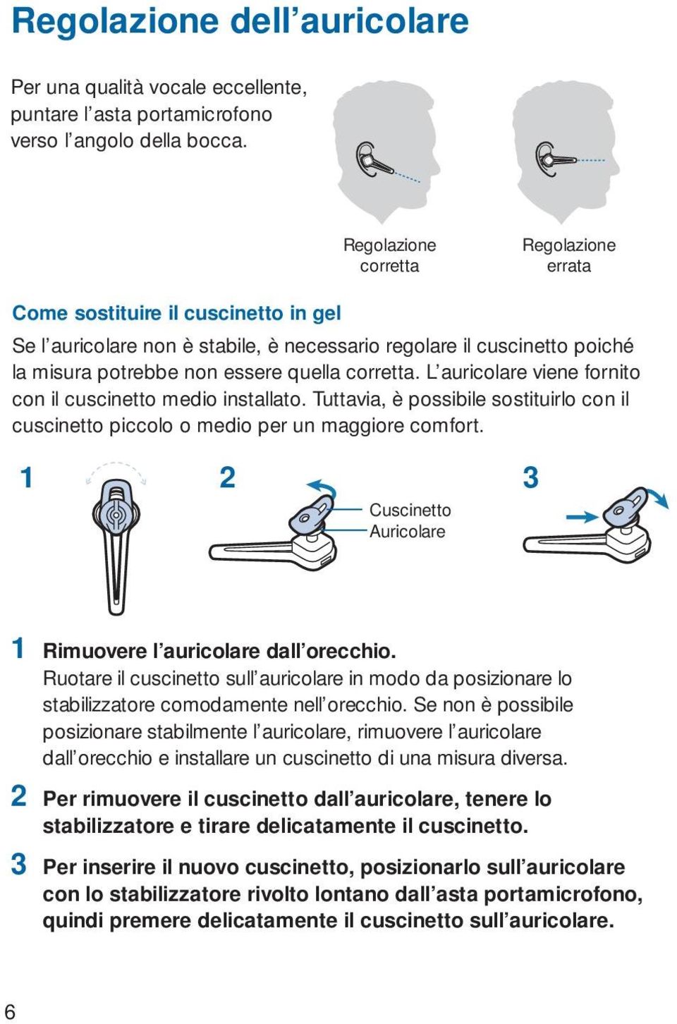 L auricolare viene fornito con il cuscinetto medio installato. Tuttavia, è possibile sostituirlo con il cuscinetto piccolo o medio per un maggiore comfort.