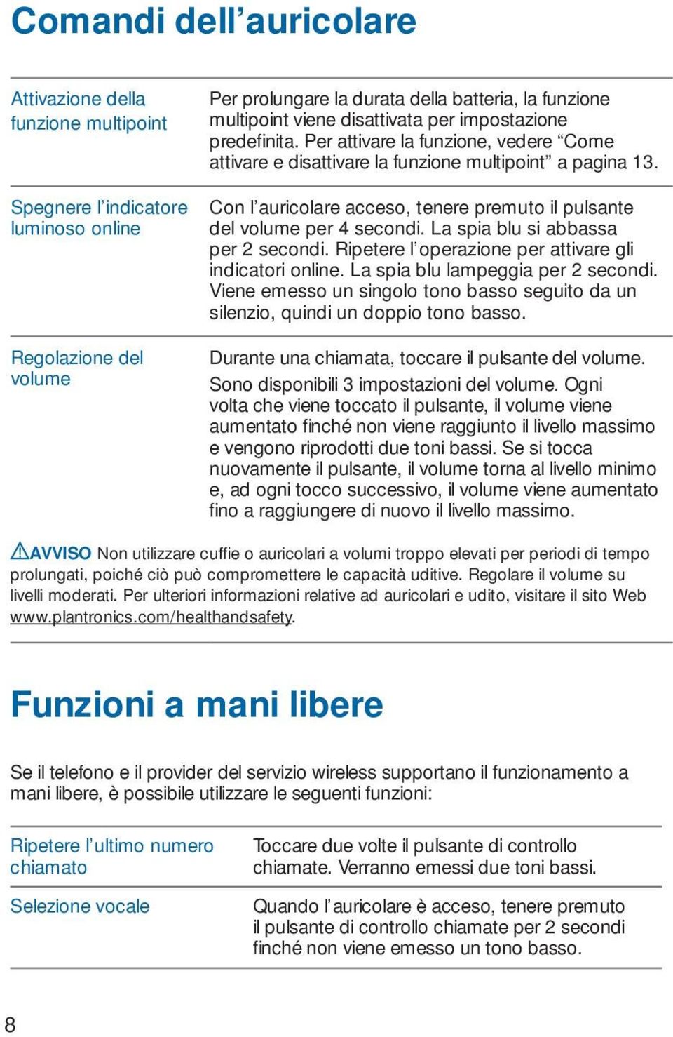 Con l auricolare acceso, tenere premuto il pulsante del volume per 4 secondi. La spia blu si abbassa per 2 secondi. Ripetere l operazione per attivare gli indicatori online.