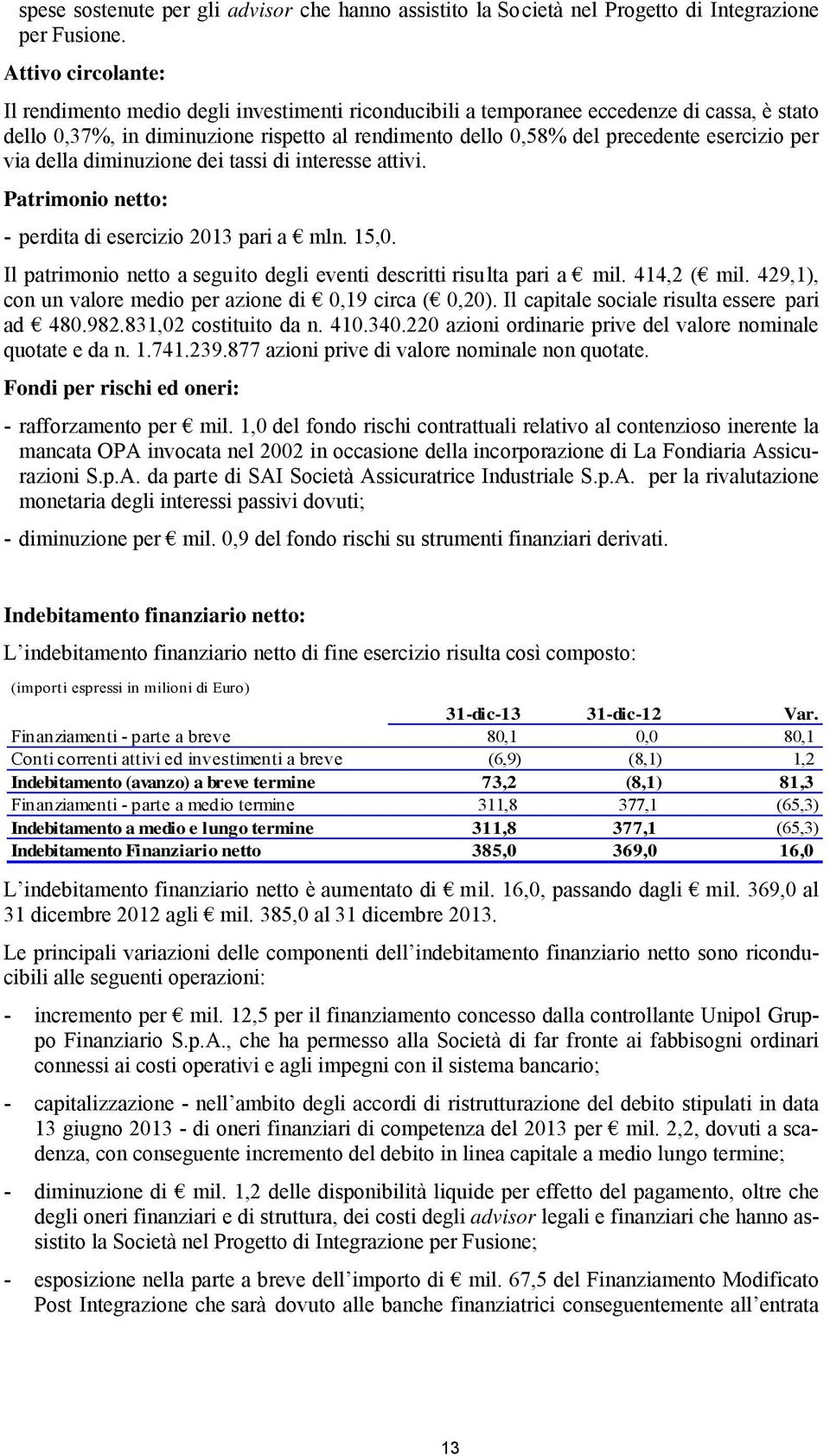 esercizio per via della diminuzione dei tassi di interesse attivi. Patrimonio netto: - perdita di esercizio 2013 pari a mln. 15,0.